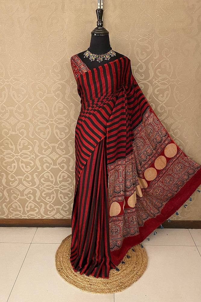 Red Pure Modal Silk Ajrakh Printed Saree With Blouse