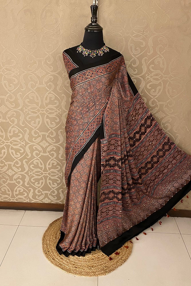 Brown Pure Modal Silk Ajrakh Printed Saree With Blouse