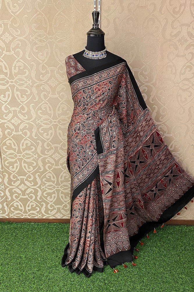 Brown Pure Modal Silk Ajrakh Printed Saree With Blouse