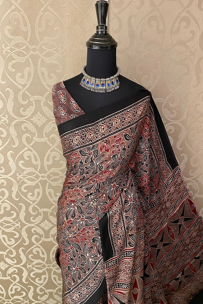 Brown Pure Modal Silk Ajrakh Printed Saree With Blouse