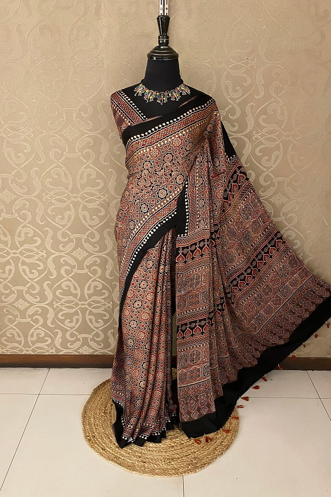 Brown Pure Modal Silk Ajrakh Printed Saree With Blouse