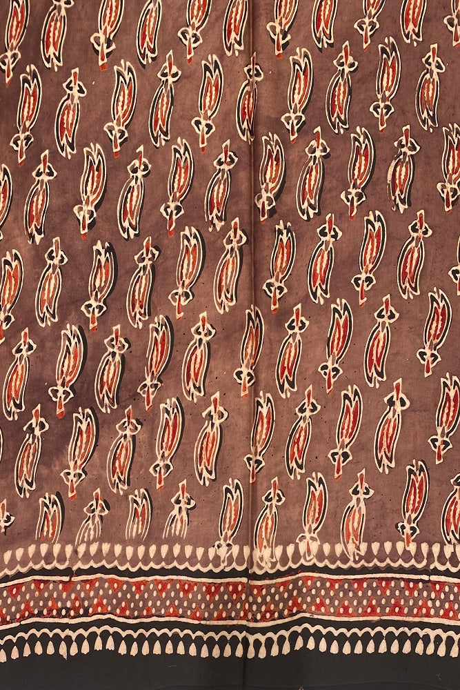 Brown Pure Modal Silk Ajrakh Printed Saree With Blouse