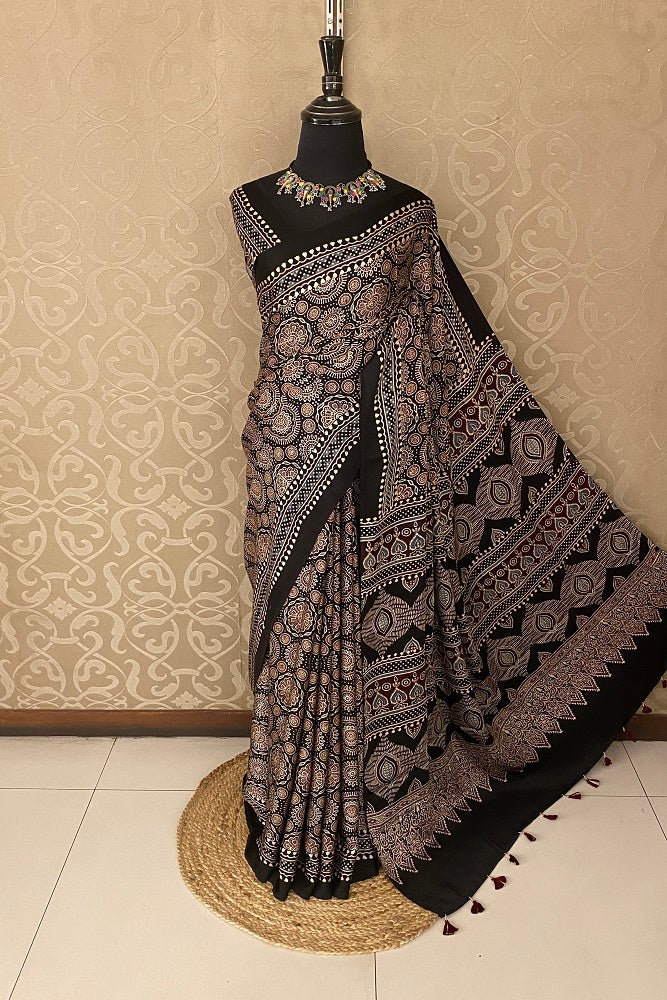 Black Pure Modal Silk Ajrakh Printed Saree With Blouse
