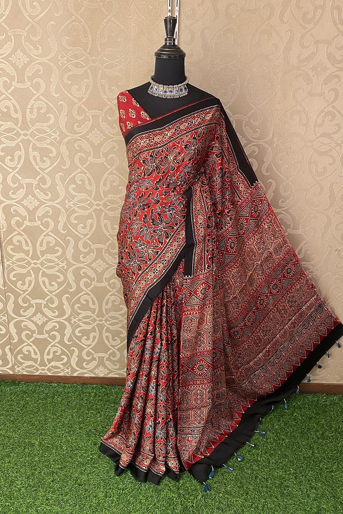 Red Pure Modal Silk Ajrakh Printed Saree With Blouse