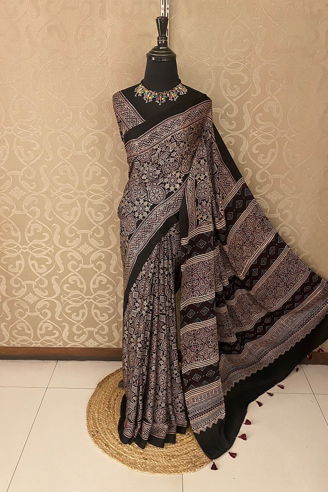 Black Pure Modal Silk Ajrakh Printed Saree With Blouse