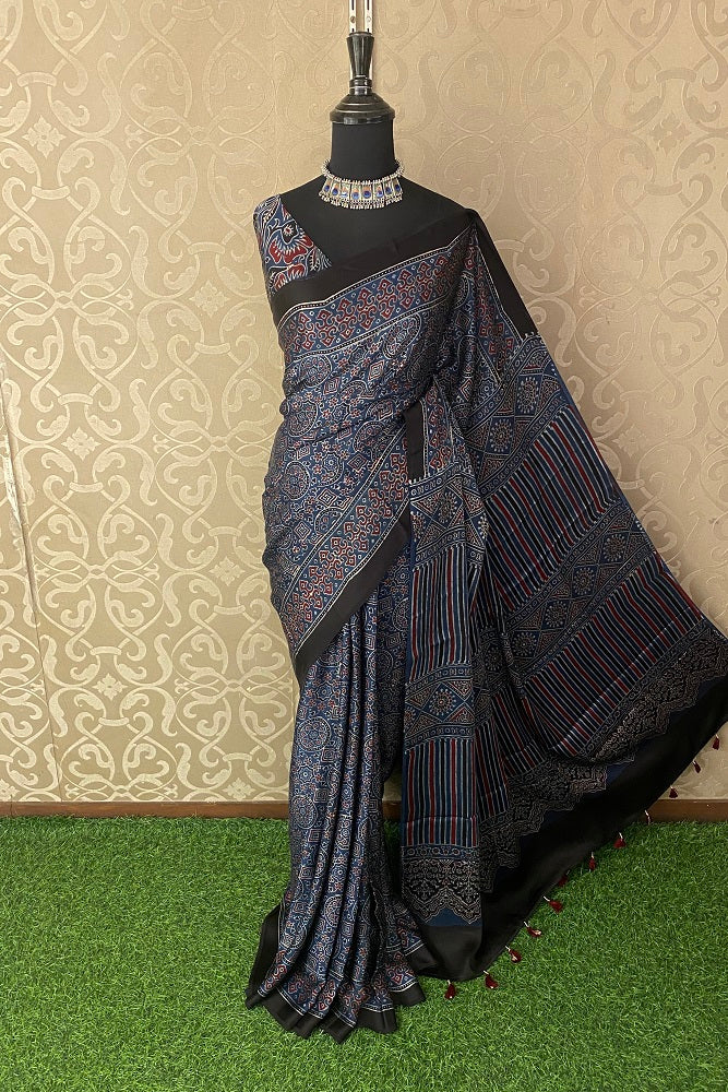 Blue Pure Modal Silk Ajrakh Printed Saree With Blouse