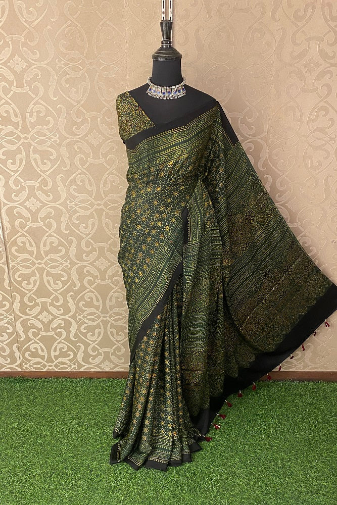 Olive Green Pure Modal Silk Ajrakh Printed Saree With Blouse