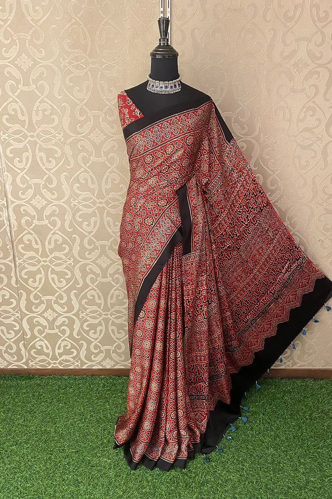Red Pure Modal Silk Ajrakh Printed Saree With Blouse
