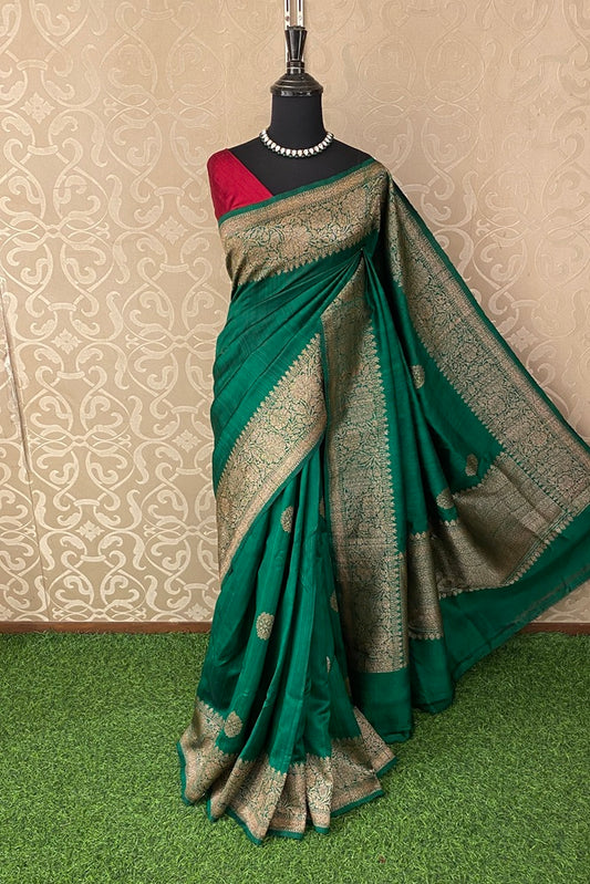Deep Green Pure Raw Tussar Banarasi Silk Saree, Hand Woven Motifs With Unstich Blouse