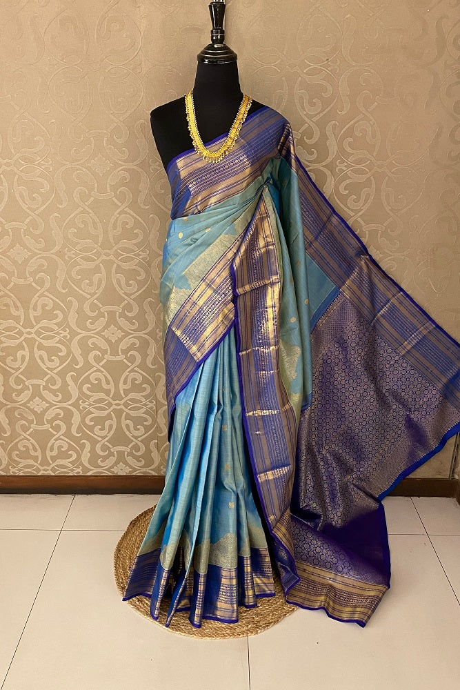 Blue Pure Kanjeevaram Silk Saree With Blouse