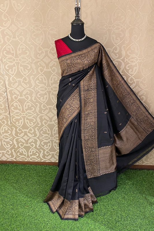 Black Pure Raw Tussar Banarasi Silk Saree, Hand Woven Motifs With Unstich Blouse