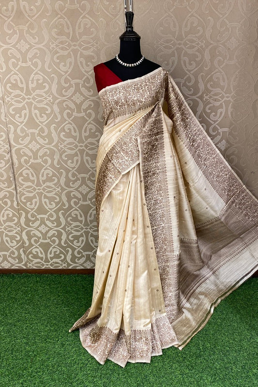 Offwhite Beige Pure Raw Tussar Banarasi Silk Saree, Hand Woven Motifs With Unstich Blouse