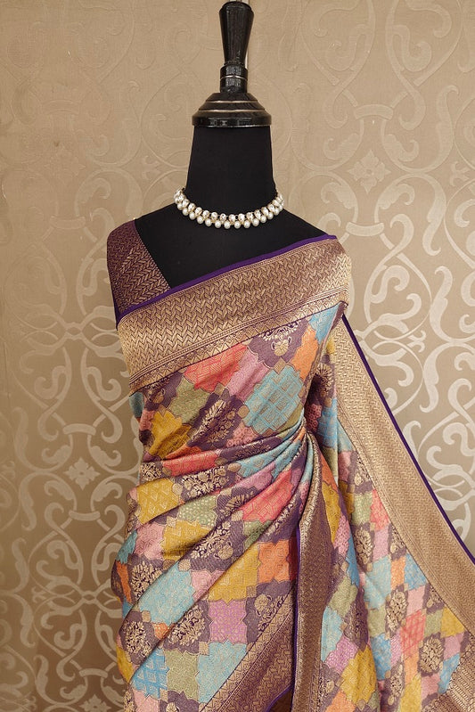Multi & Purple Georgette Saree With Rangcut Work, With Unstiched Blouse