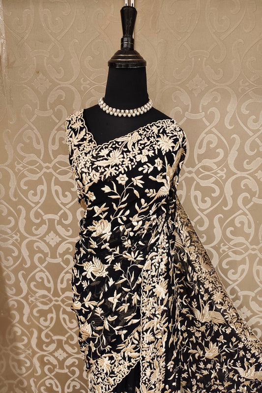 Black Georgette Saree With Parsi Work, With Unstiched Blouse