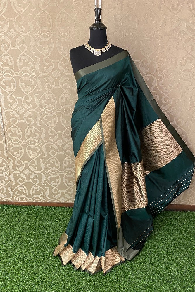 BOTTLE GREEN KATAN SILK BANARASI SELF WEAVING SAREE WITH BLOUSE