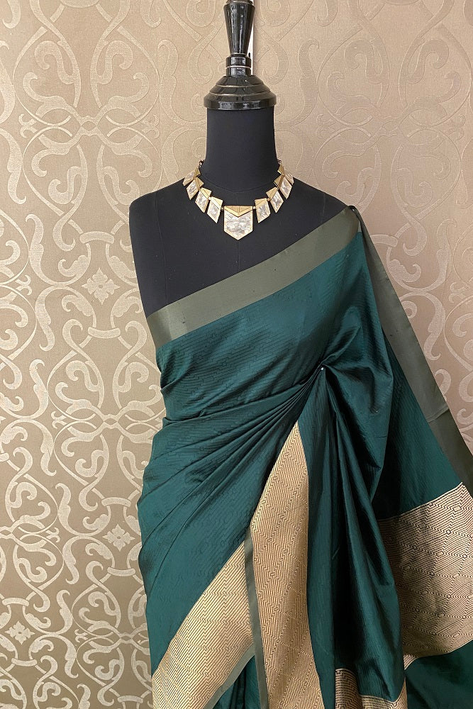 BOTTLE GREEN KATAN SILK BANARASI SELF WEAVING SAREE WITH BLOUSE