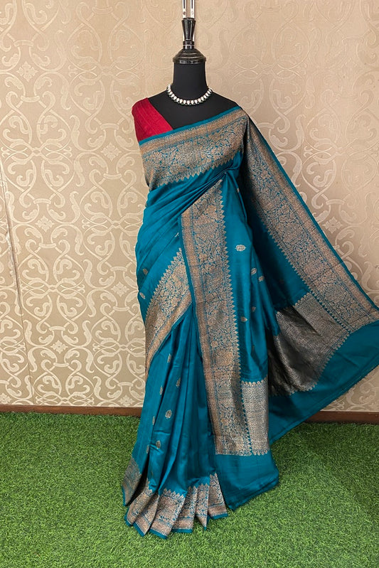Cerulean Blue Pure Raw Tussar Banarasi Silk Saree, Hand Woven Motifs With Unstich Blouse