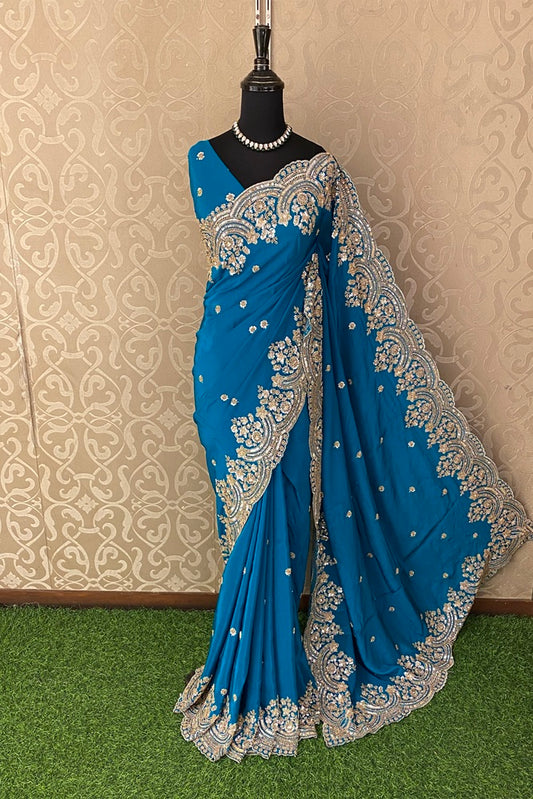 Blue Satin Crepe Silk Hand Embroidery Party Wear Saree, With Unstiched Blouse