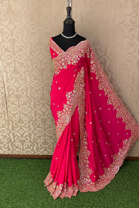Pink Satin Crepe Silk Hand Embroidery Party Wear Saree, With Unstiched Blouse