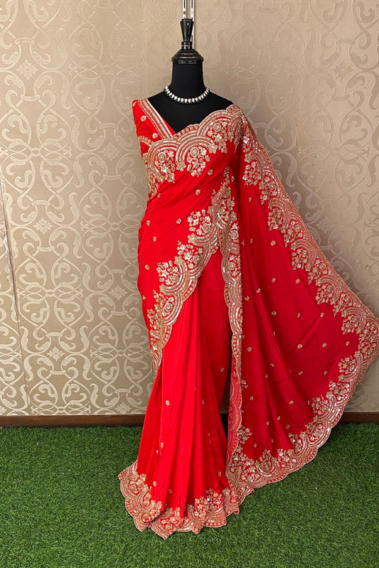 Red Satin Crepe Silk Hand Embroidery Party Wear Saree, With Unstiched Blouse
