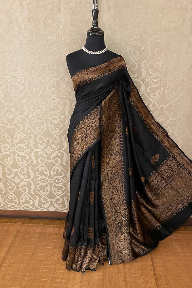Black Pure Tussar Banarasi Silk With Hand Woven Motifs