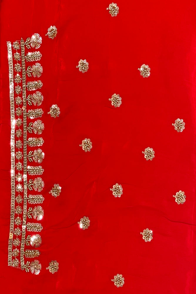 Red Satin Crepe Silk Hand Embroidery Party Wear Saree, With Unstiched Blouse