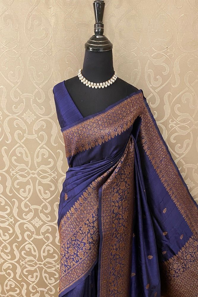 Blue Pure Tussar Banarasi Silk With Hand Woven Motifs