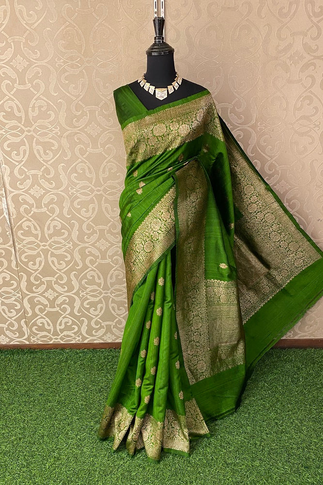 Green Pure Tussar Banarasi Silk With Hand Woven Motifs