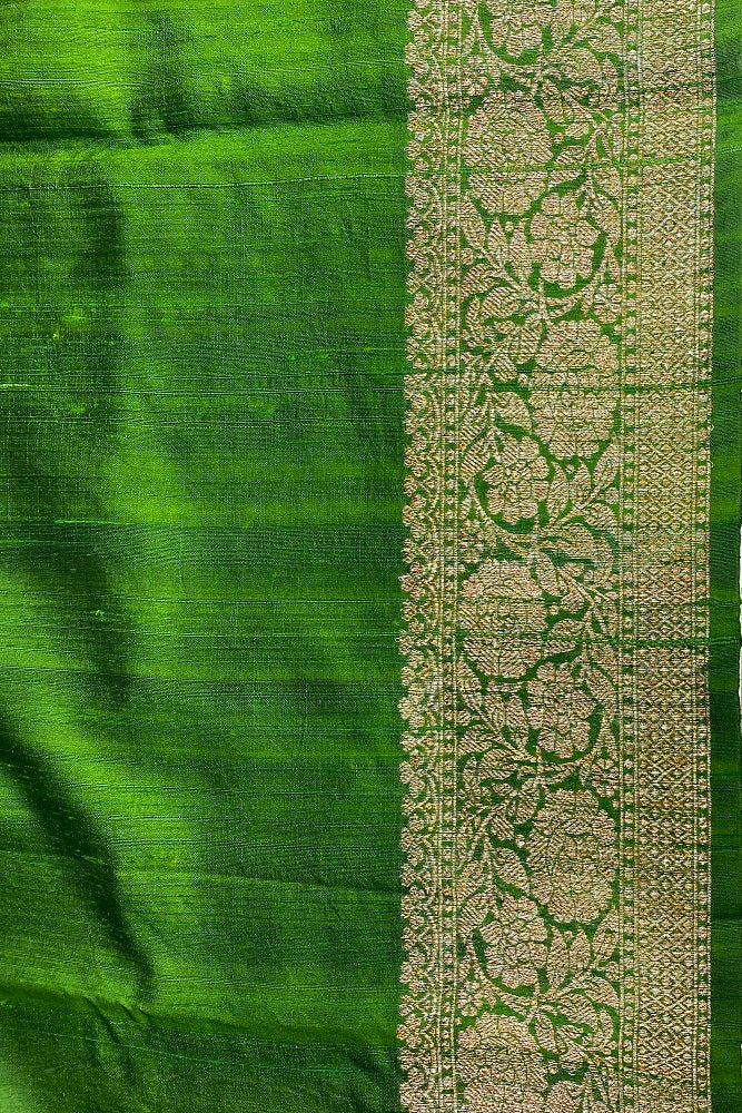 Green Pure Tussar Banarasi Silk With Hand Woven Motifs