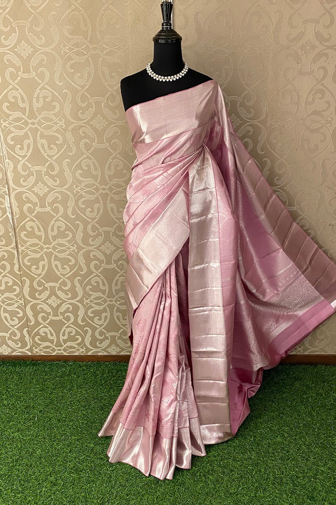 Pink Pure Kanjeevaram Silk Saree With Border And Blouse Piece
