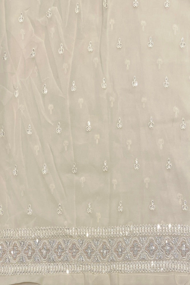 Offwhite Georgette Saree With Chikankari Embroidery, With Unstitched Blouse