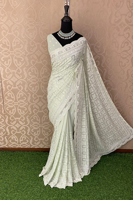 Light Green Georgette Saree With Chikankari Embroidery, With Unstitched Blouse