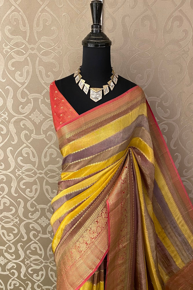 Multi Colour Stripe Pattern Soft Silk Saree Zari Oven With Blouse Piece