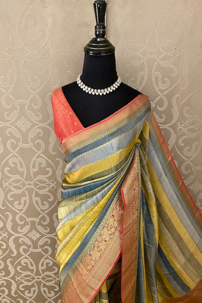 Multi Colour Stripe Pattern Soft Silk Saree Zari Oven With Blouse Piece