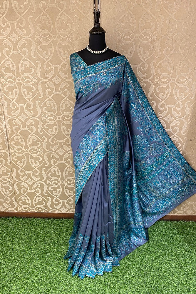 Greyish Blue Pure Kani Handloom Silk Saree With Floral Woven Blouse