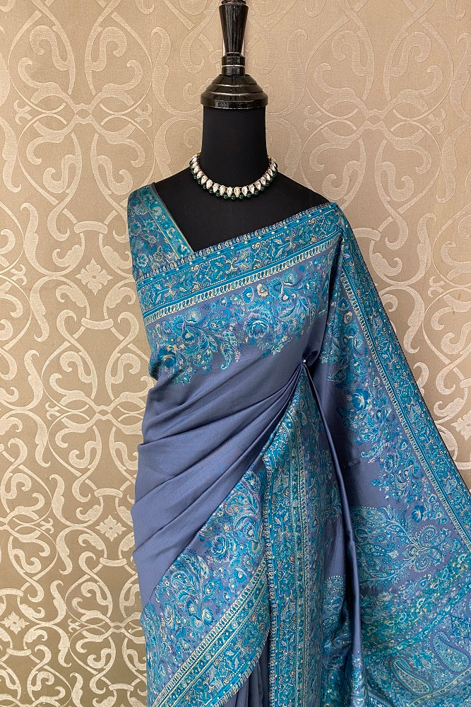 Greyish Blue Pure Kani Handloom Silk Saree With Floral Woven Blouse