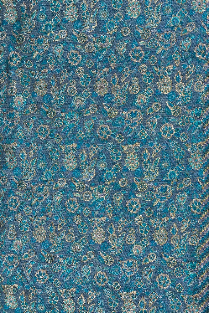 Greyish Blue Pure Kani Handloom Silk Saree With Floral Woven Blouse