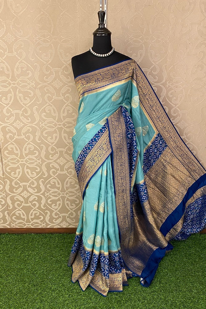Sky Blue Munga Patola Silk Saree With Blouse Piece