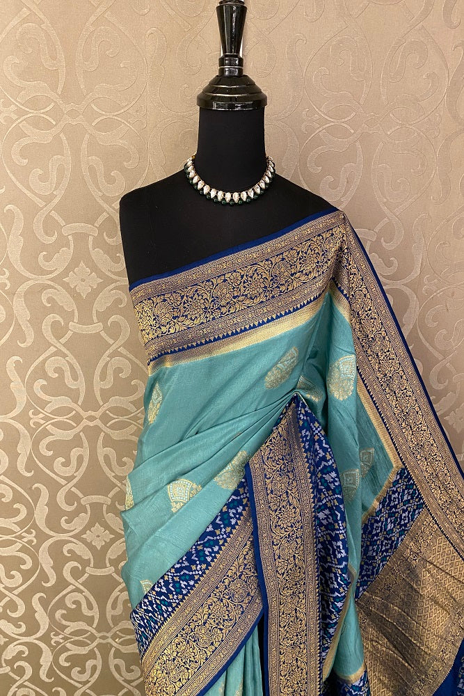 Sky Blue Munga Patola Silk Saree With Blouse Piece