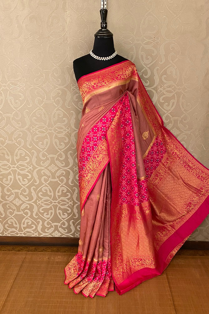 Onion Pink Munga Patola Silk Saree With Blouse Piece