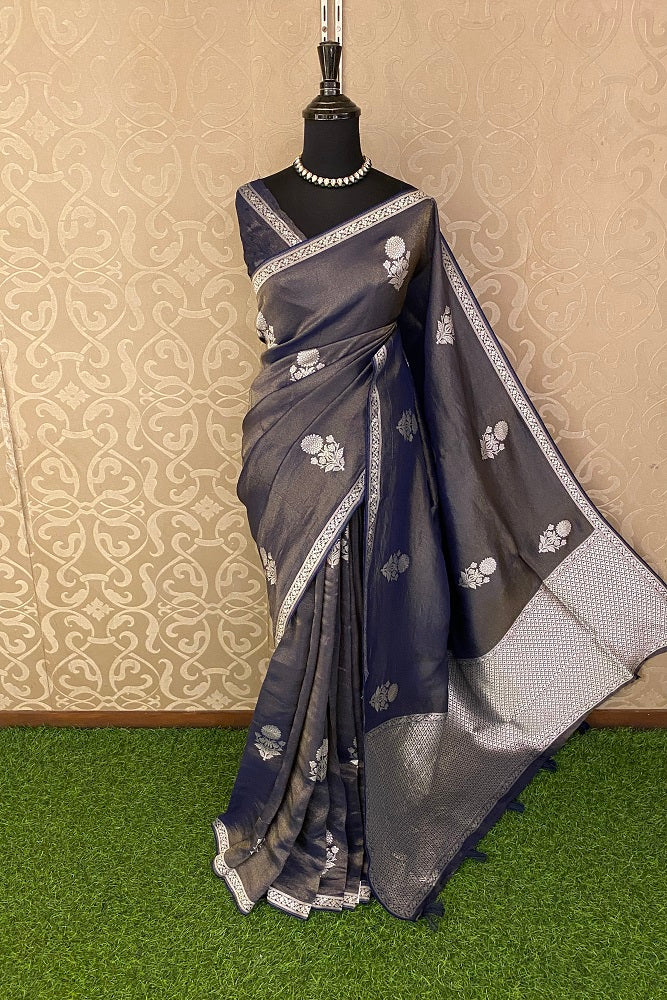 Blue Tissue Banarasi Silk Saree With Blouse Piece