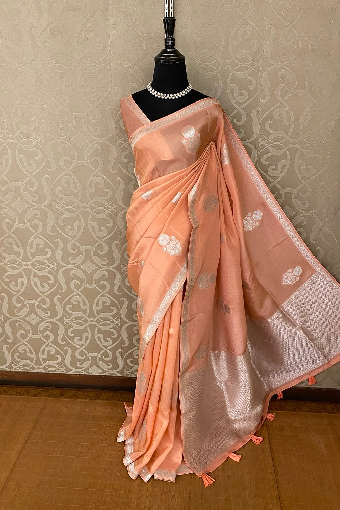 Peach Tissue Banarasi Silk Saree With Blouse Piece