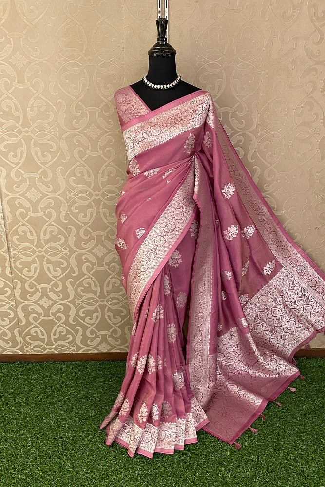 Pink Tissue Banarasi Silk Saree With Blouse Piece