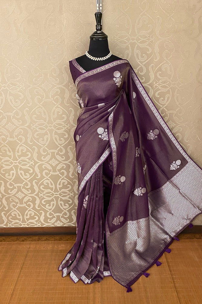 Purple Tissue Banarasi Silk Saree With Blouse Piece
