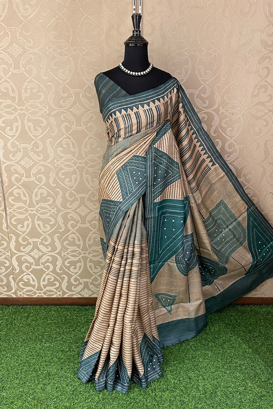 Beige & Teal Blue Tussar Embroidery Saree With Ari Work Border, With Unstitched Blouse