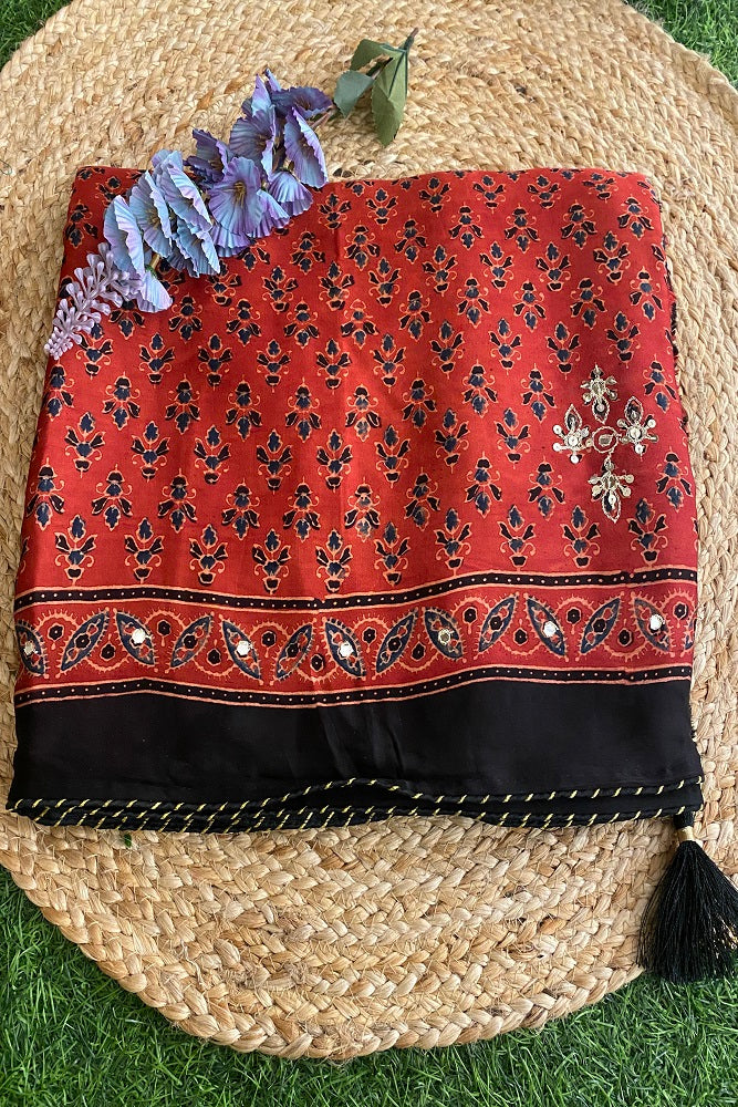 Red Pure Modal Silk Saree Ajrakh Print With Pitta Zari Work