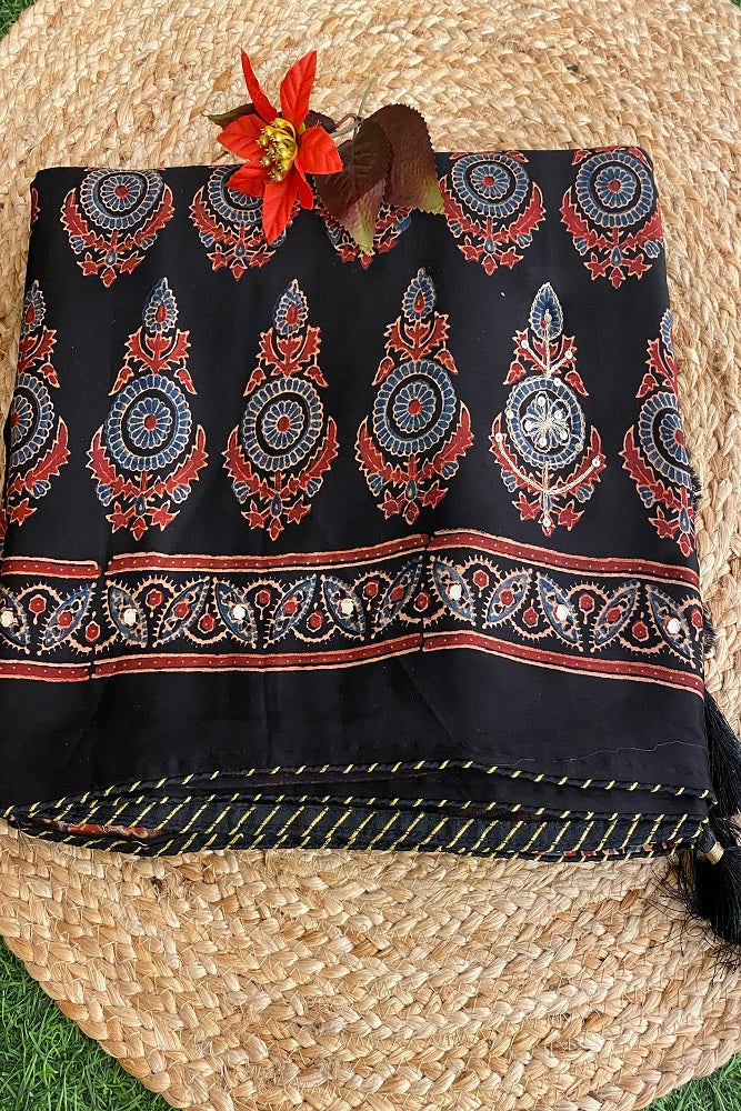 Black Pure Modal Silk Saree Ajrakh Print With Pitta Zari Work