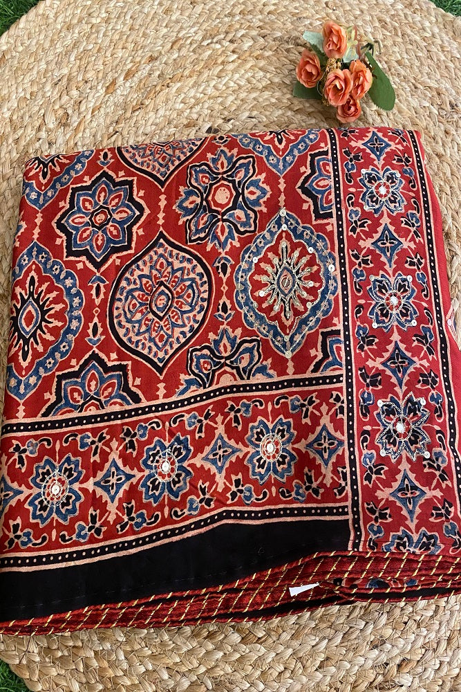 Red Pure Modal Silk Saree Ajrakh Print With Pitta Zari Work