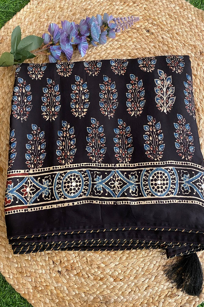 Black Pure Modal Silk Saree Ajrakh Print With Pitta Zari Work