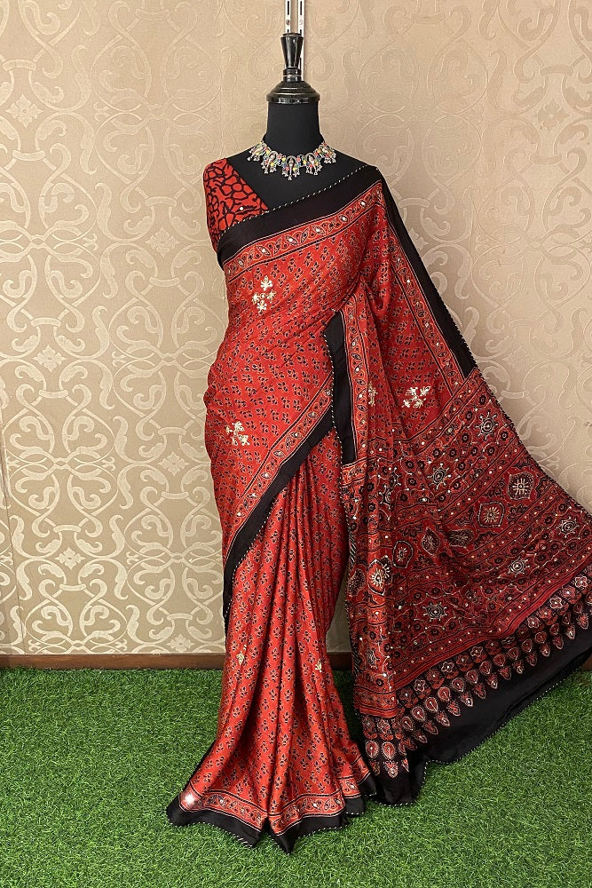 Red Pure Modal Silk Saree Ajrakh Print With Pitta Zari Work